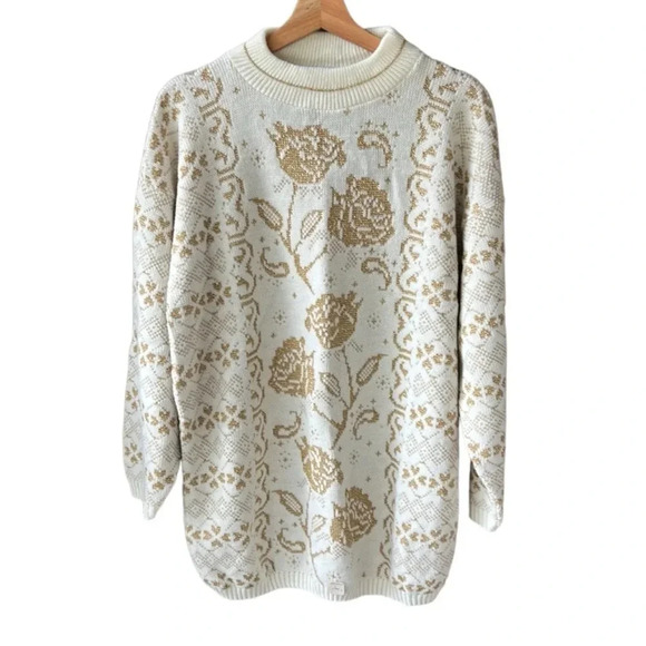Vintage Dana Scott Like New Cream Sweater with Gold Rose Pattern. Size L - Picture 1 of 12